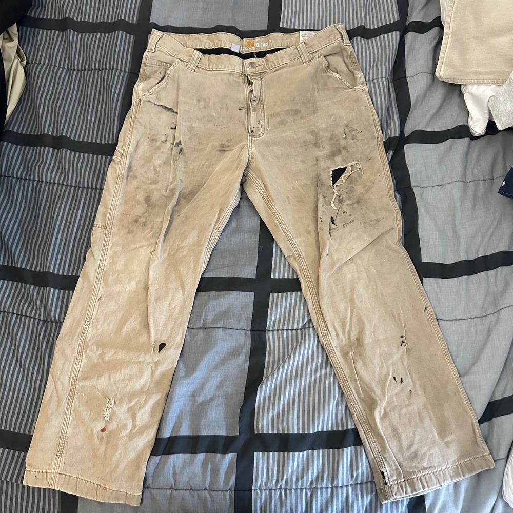 Carhartt Relaxed Fit Work Pants Tan Canvas 38 X 30 Grunge Distressed